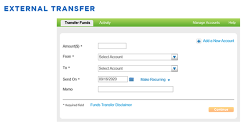 Image of the Transfer Funds screen